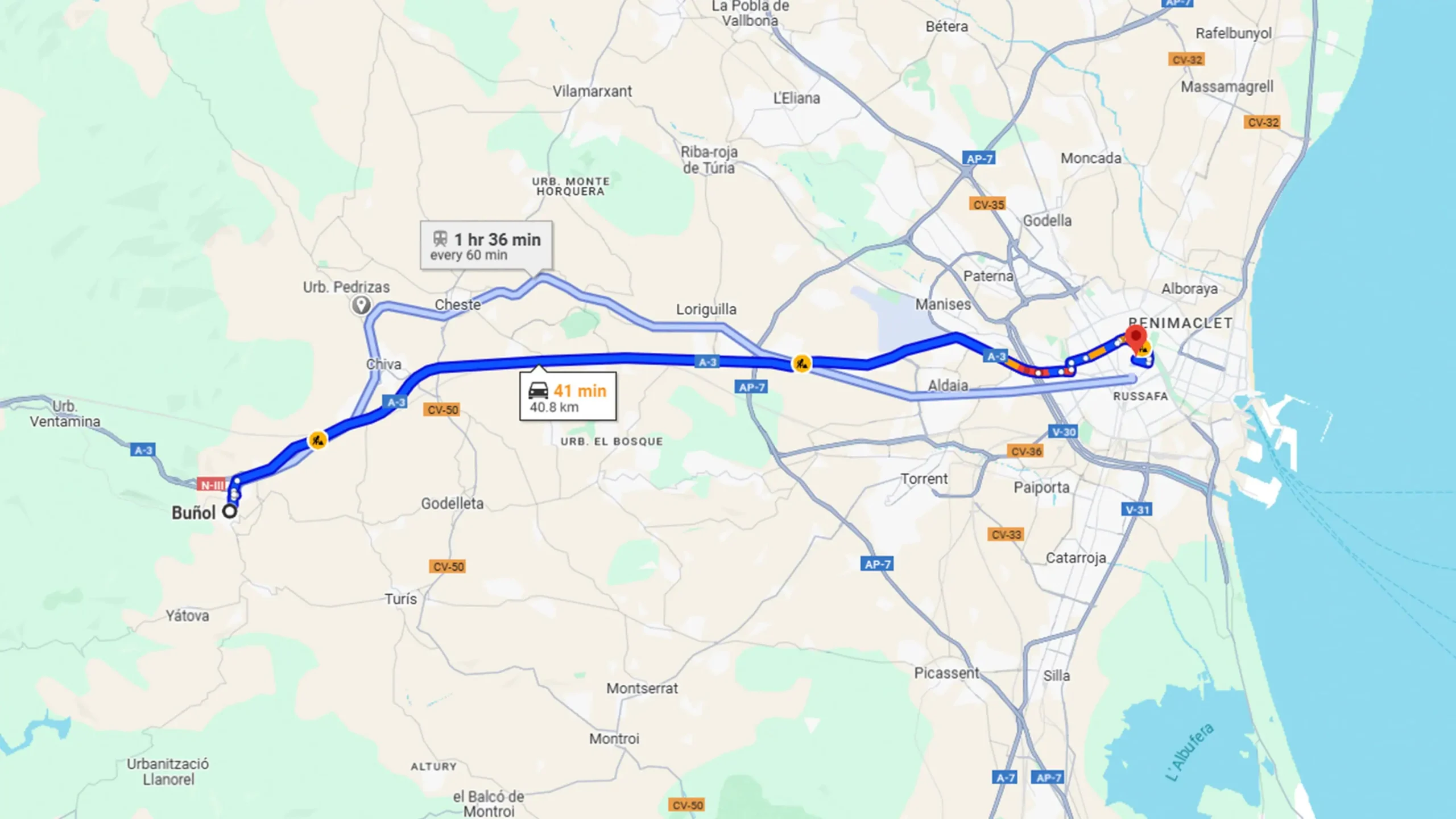 Include a map of directions from Bunol to Valencia